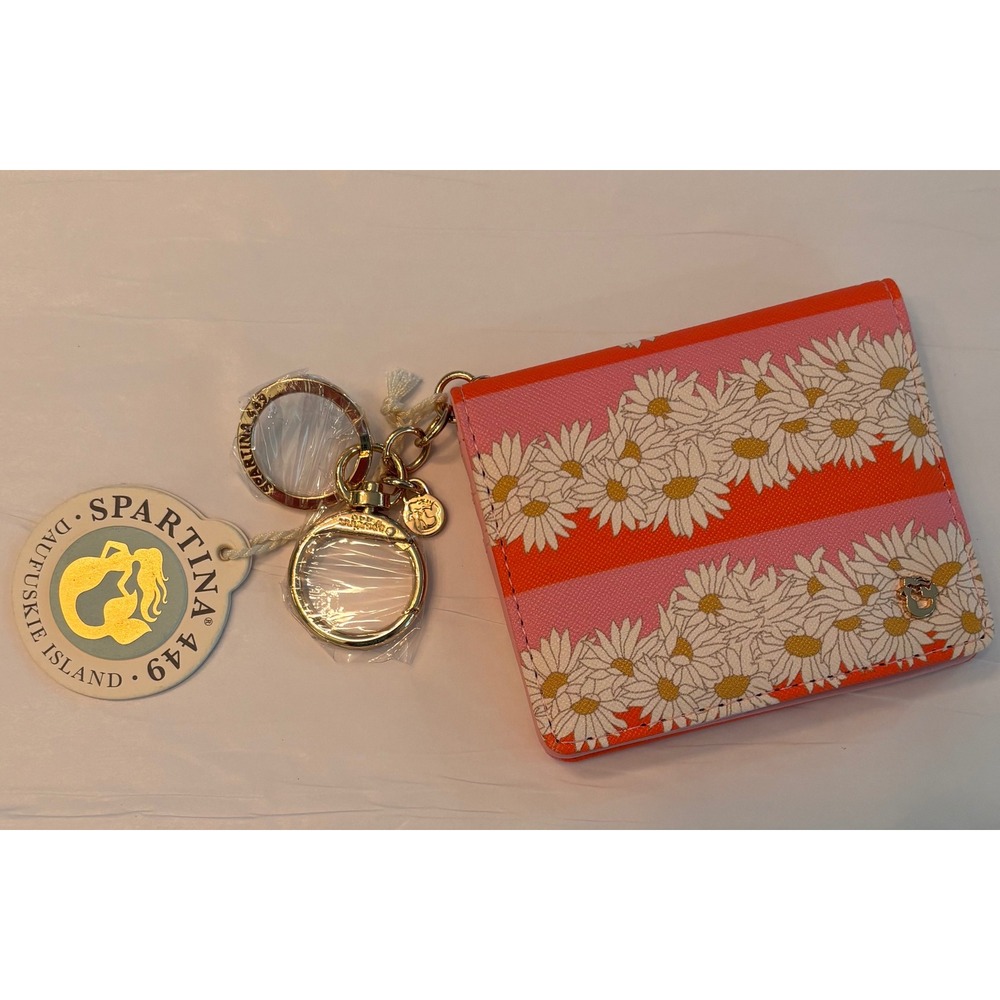 NWT Spartina 449 Audubon Daisy Stripe Card Holder Keychain Wallet Pink MSRP $29
